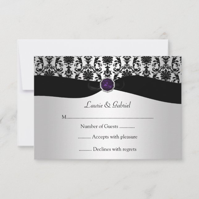Black Silver Damask Purple Jewel RSVP Invitation (Front)