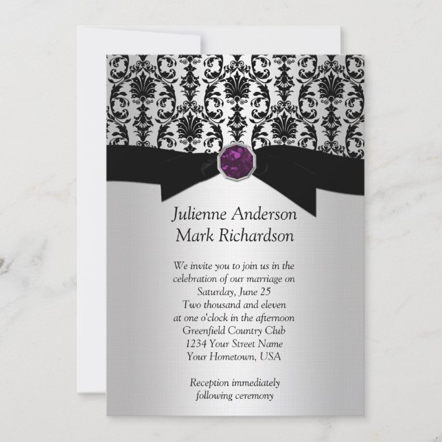 Black Silver Damask Purple Jewel Wedding Invitatio Invitation (Front)
