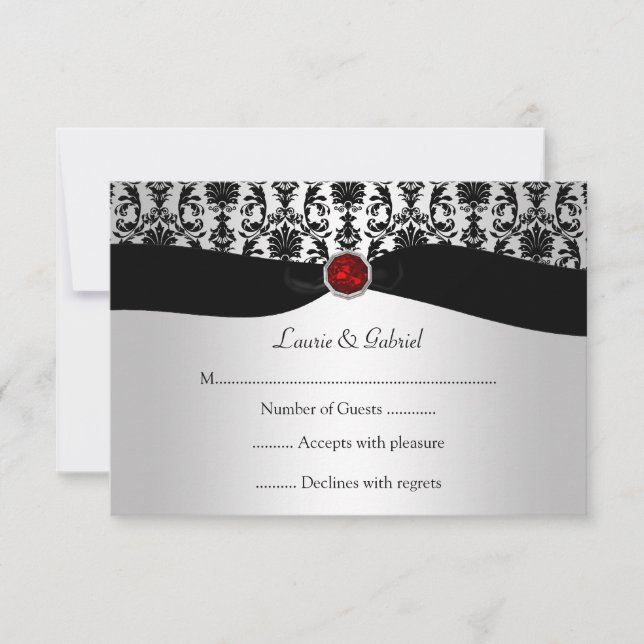 Black Silver Damask Red Jewel RSVP Invitation (Front)