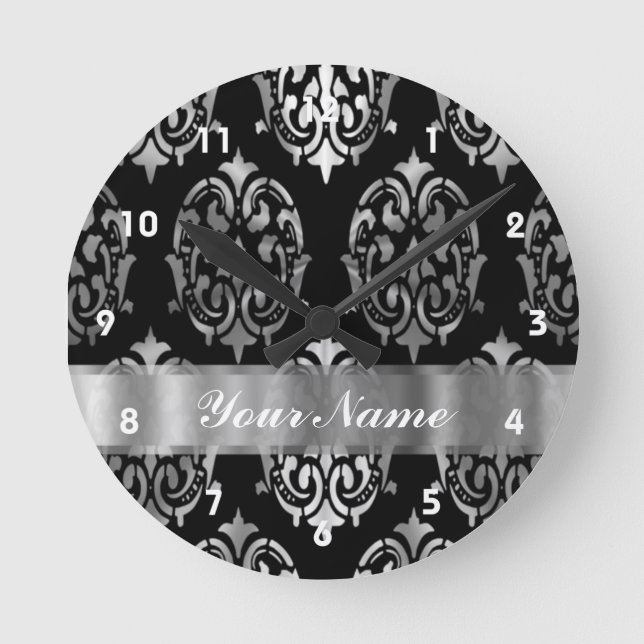 Black & silver damask round clock (Front)