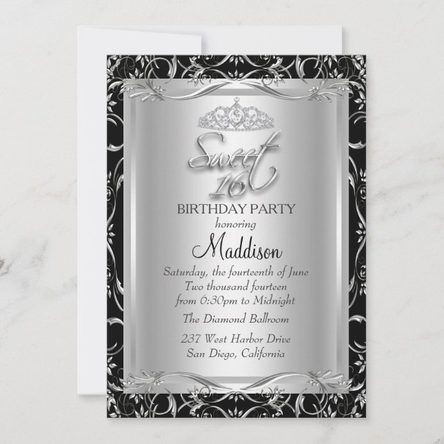 Black Silver Damask & Tiara Sweet 16 Invitation (Front)