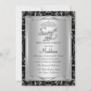 Black Silver Damask & Tiara Sweet 16 Invitation
