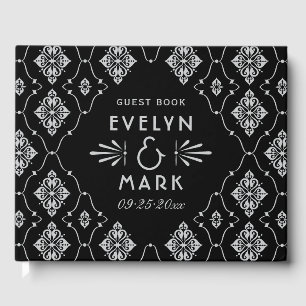 Black Silver Damask Wedding Monogram Guest Book