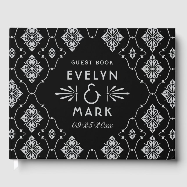 Black Silver Damask Wedding Monogram Guest Book (Front)