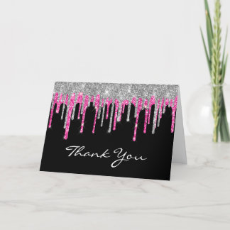 Black Silver Deep Pink Glitter Drip Quinceañera Thank You Card