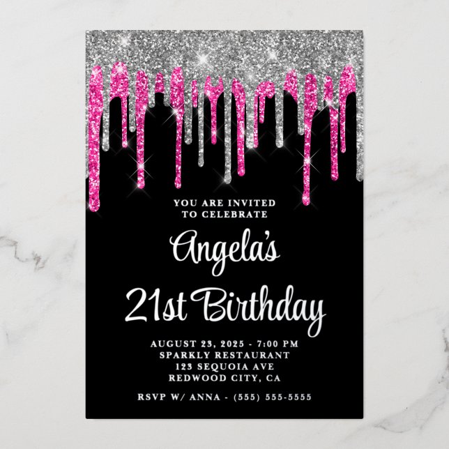Black Silver Deep Pink Glitter Drips 21st Birthday (Front)