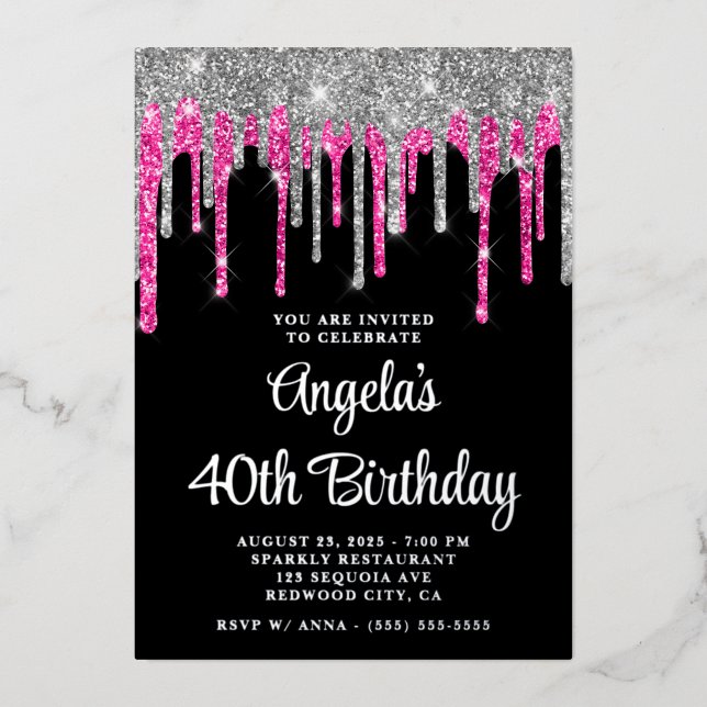 Black Silver Deep Pink Glitter Drips 40th Birthday (Front)