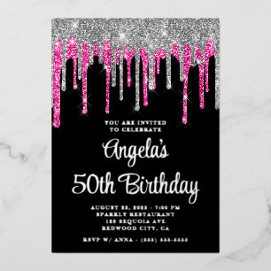 Black Silver Deep Pink Glitter Drips 50th Birthday