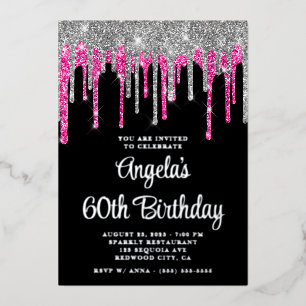 Black Silver Deep Pink Glitter Drips 60th Birthday
