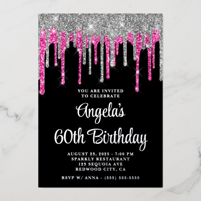 Black Silver Deep Pink Glitter Drips 60th Birthday (Front)