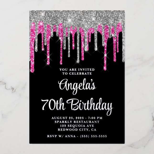 Black Silver Deep Pink Glitter Drips 70th Birthday (Front)
