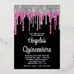 Black Silver Deep Pink Glitter Drips Quinceañera