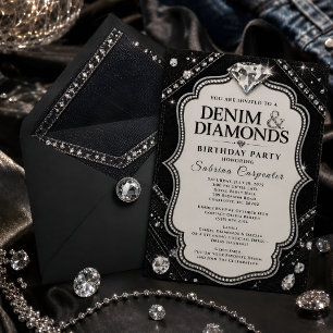 Black Silver Denim & Diamonds Glam Birthday Party  Invitation