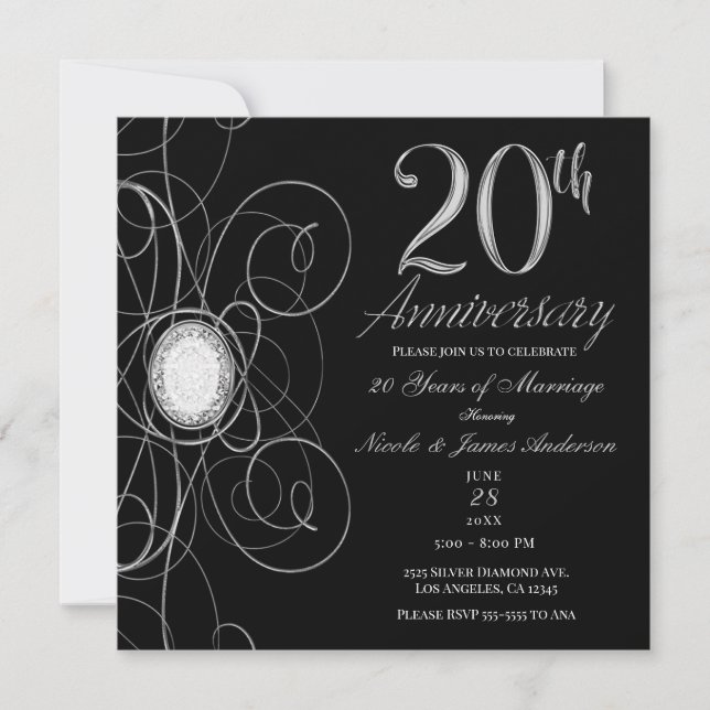 Black & Silver Diamond 20 20th Anniversary Party Invitation (Front)