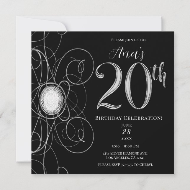 Black & Silver Diamond 20 20th Birthday Party Invitation (Front)