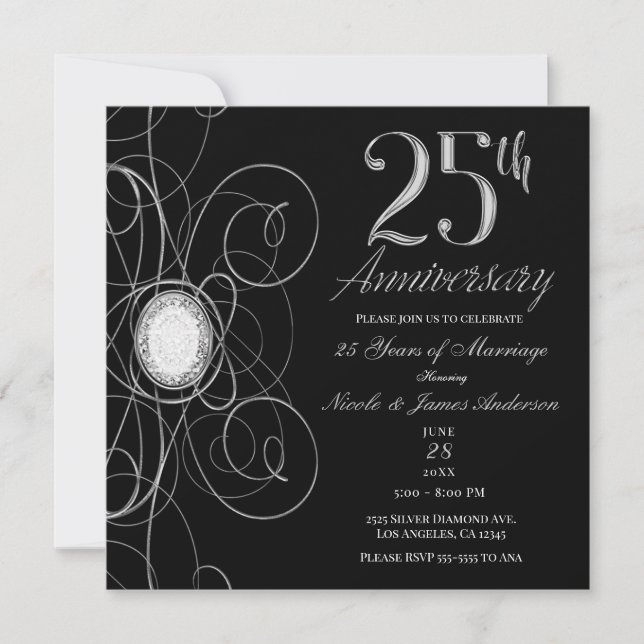 Black & Silver Diamond 25 25th Anniversary Party Invitation (Front)
