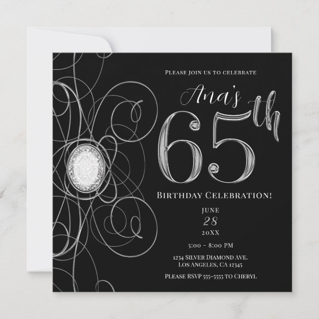 Black & Silver Diamond 65 65th Birthday Party Invitation (Front)