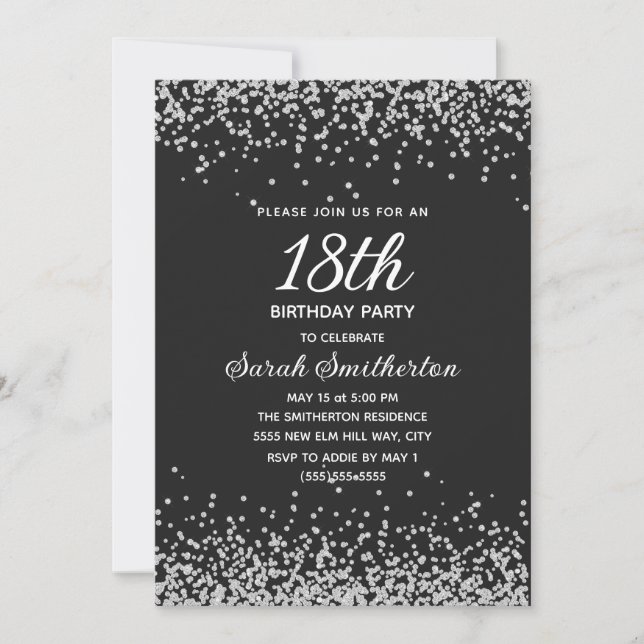 Black Silver Diamond Glitter 18th Birthday Invitation (Front)