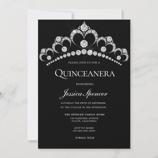 Black & Silver Diamond Tiara Quinceanera Party Invitation (Front)
