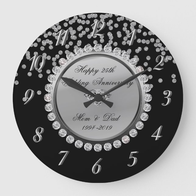 Black Silver  Diamonds 25th Wedding Anniversary Large Clock (Front)