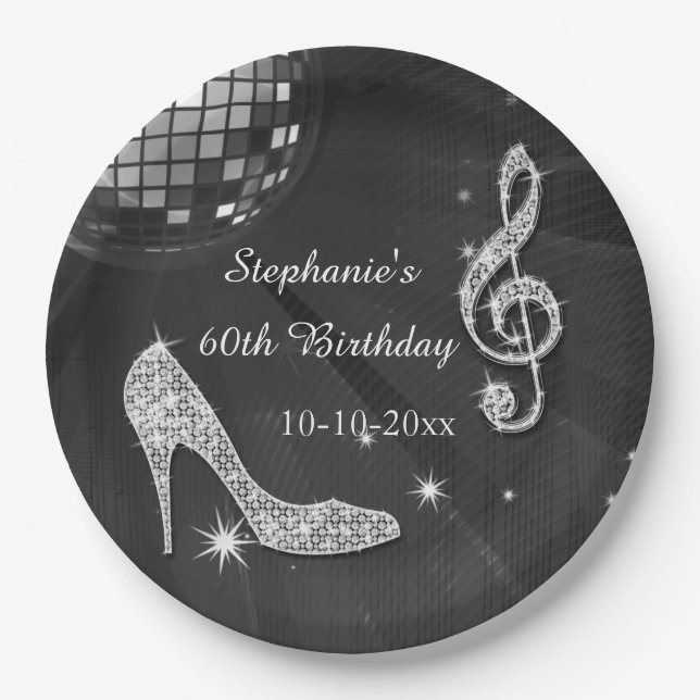 Black/Silver Disco Ball and Heels 60th Birthday Paper Plate (Front)