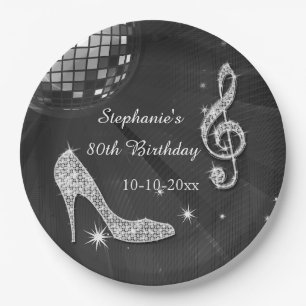 Black/Silver Disco Ball and Heels 80th Birthday Paper Plate