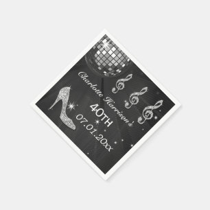 Black/Silver Disco Ball and Sparkle Heels 40th Napkin