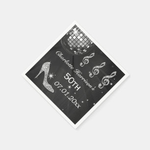 Black/Silver Disco Ball and Sparkle Heels 50th Napkin