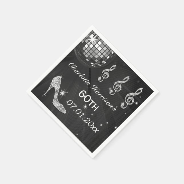 Black/Silver Disco Ball and Sparkle Heels 60th Napkin (Corner)