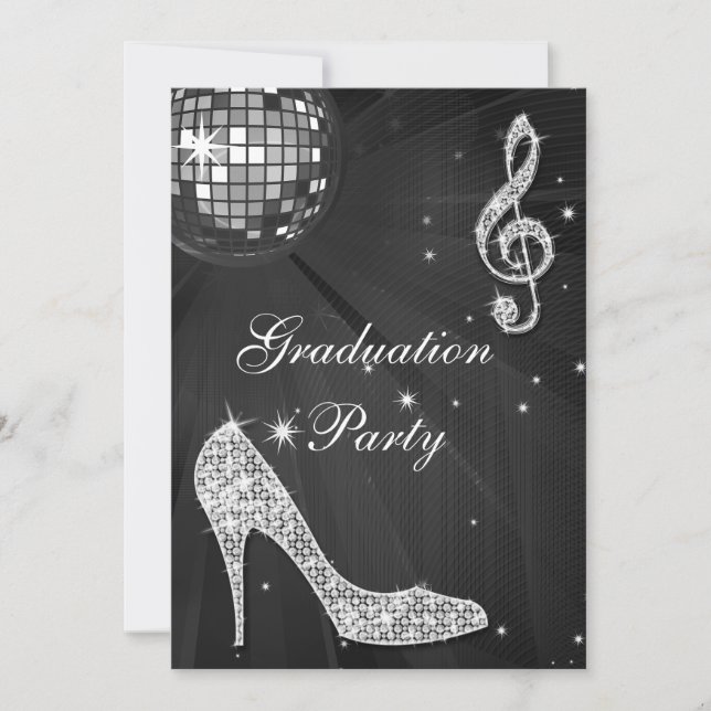 Black & Silver Disco Ball Sparkle Heels Graduation Invitation (Front)