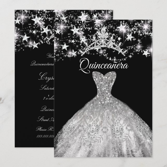 Black Silver Dress Sparkle Tiara Stars Quinceanera Invitation (Front/Back)