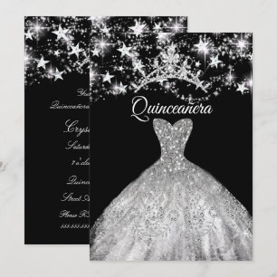 Black Silver Dress Sparkle Tiara Stars Quinceanera Invitation