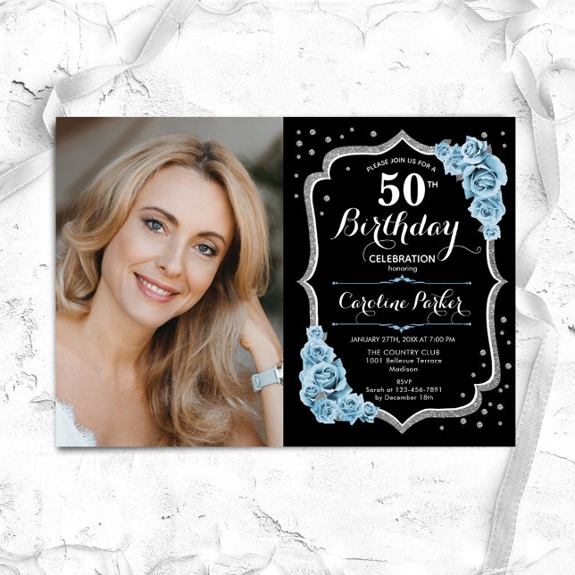 Black Silver Dusty Blue Photo 50th Birthday Invitation (Creator Uploaded)