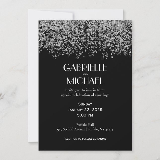 Black & Silver Elegant Abstract Wedding Invitation (Front)