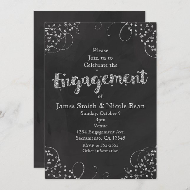 Black & Silver Elegant Engagement Invitations (Front/Back)
