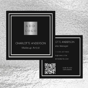 Black silver elegant logo QR code Square Business Card