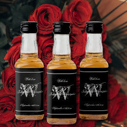 Black & Silver Elegant Monogram Chic Wedding Mini Liquor Bottle Label