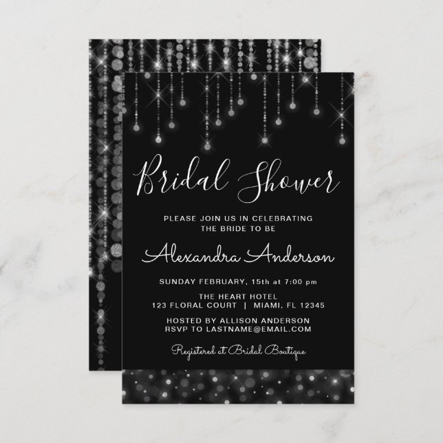 Black Silver Elegant String Lights Bridal Shower Invitation (Front/Back)