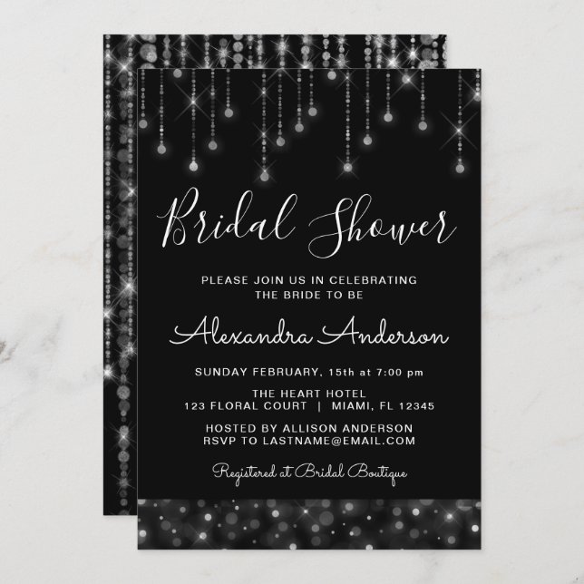 Black Silver Elegant String Lights Bridal Shower Invitation (Front/Back)