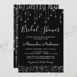 Black Silver Elegant String Lights Bridal Shower Invitation
