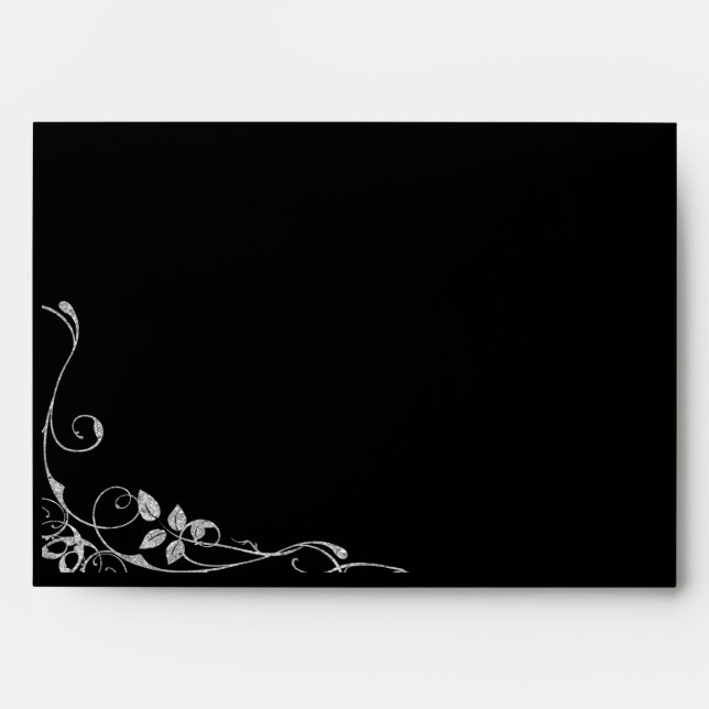 Black Silver Faux Diamond Heart Swirl Invitation Envelope (Front)
