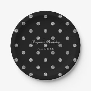 Black & Silver Faux Foil Polka Dots Party Plates