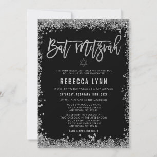 Black Silver Faux Glitter Bat Mitzvah Invitation