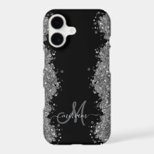 Black Silver Faux Glitter Grey Modern Monogram