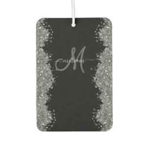Black Silver Faux Glitter Grey Modern Monogram Car Air Freshener