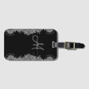 Black Silver Faux Glitter Grey Modern Monogram Luggage Tag