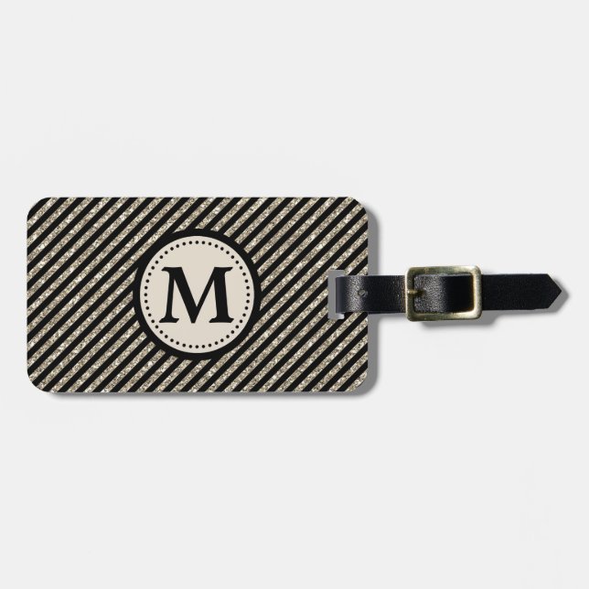 Black Silver Faux Glitter Stripe Luggage Tag (Front Horizontal)