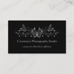 Black Silver Filigree Butterflies Business Cards