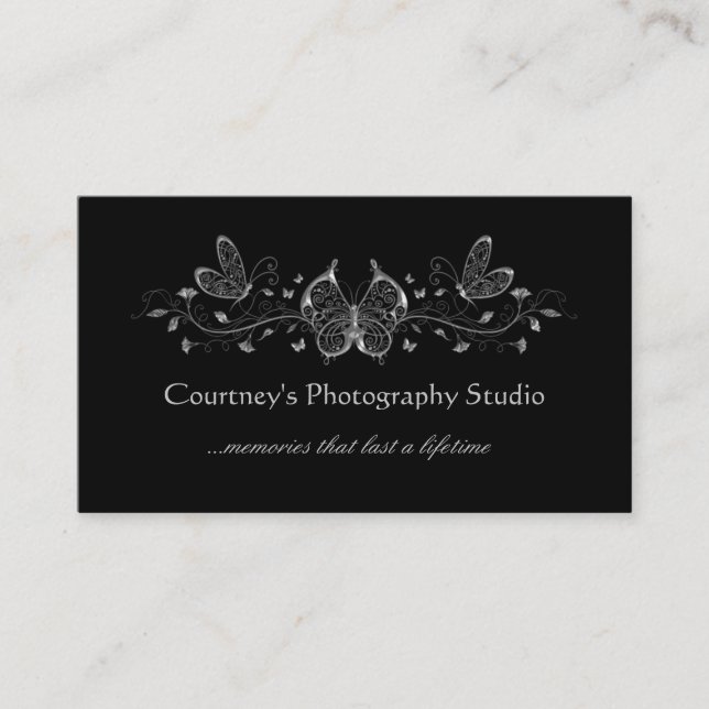 Black Silver Filigree Butterflies Business Cards (Front)