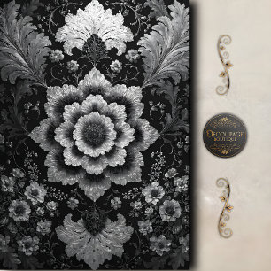 Black Silver Floral Damask Decoupage Tissue Paper